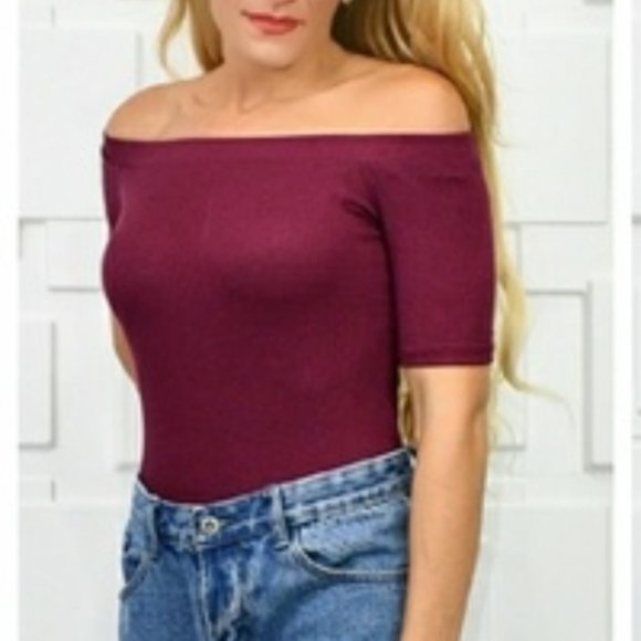 BURGUNDY OFF SHOULDER BODYSUIT - Picture 3 of 5
